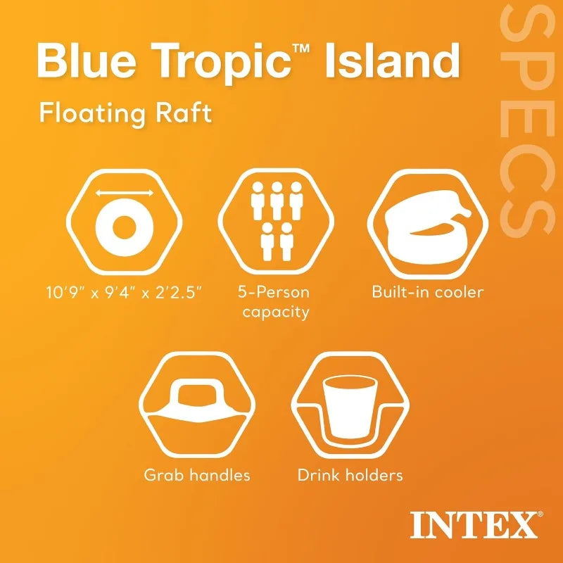 Intex Blue Tropic Inflatable 5 Person Raft or Swimming Pool Island Water Floating Lounger Raft with Backrests, Built in Cooler
