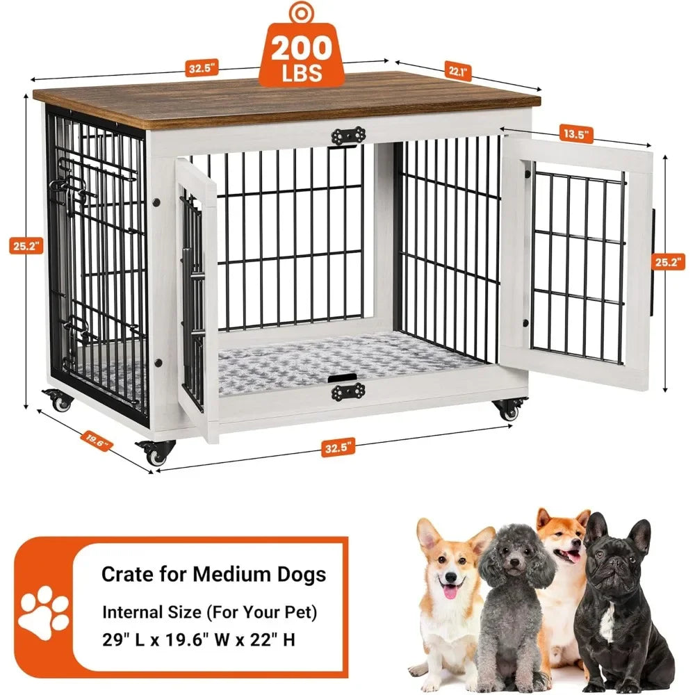 PEISI Wooden Dog Crate Furniture With Cushion And Wheels
