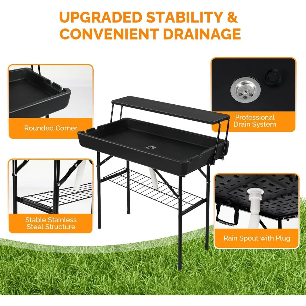 Portable Cooler Table with Extra Storage Shelf, Alloy Steel, Black, Picetable Model