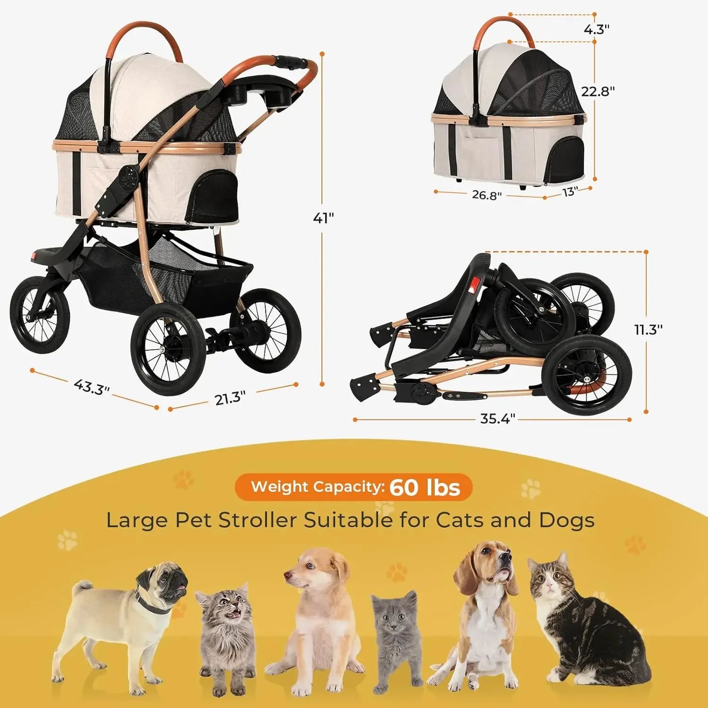 XMSJH 3-in-1 Premium Pet Stroller for Dogs and Cats
