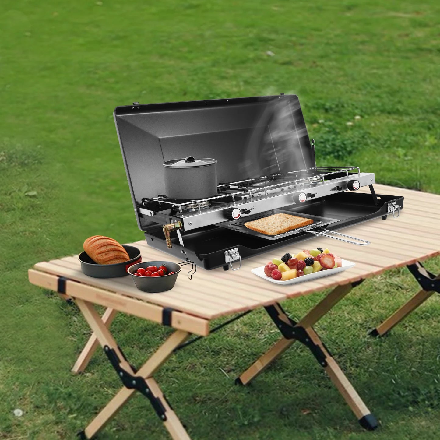 Portable Camping Stove With Griddle 3 Burners Propane