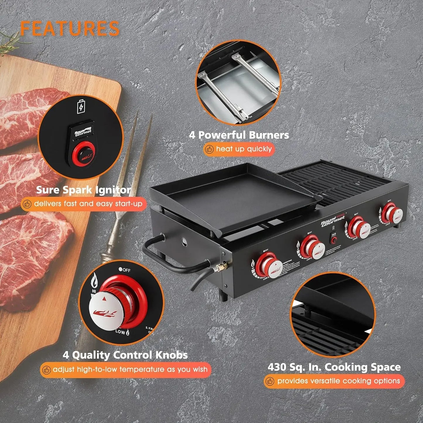 GD4002T 4-Burner Tailgater Grill & Griddle Combo, Portable Propane Gas Grill and Griddle, 2-in-1 Combo Design for Backyard