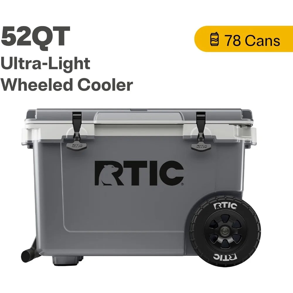 52 Quart Ultra-Light Wheeled Hard Cooler Insulated Portable Ice Chest Box for Beach, Drink, Beverage, Camping, Picnic, Fishing,