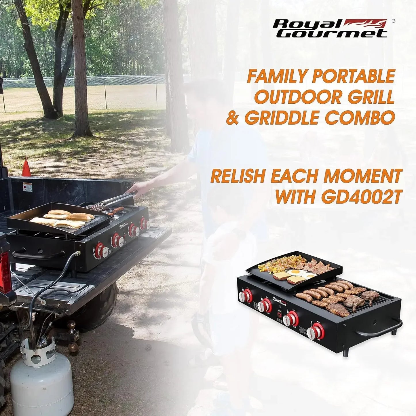GD4002T 4-Burner Tailgater Grill & Griddle Combo, Portable Propane Gas Grill and Griddle, 2-in-1 Combo Design for Backyard