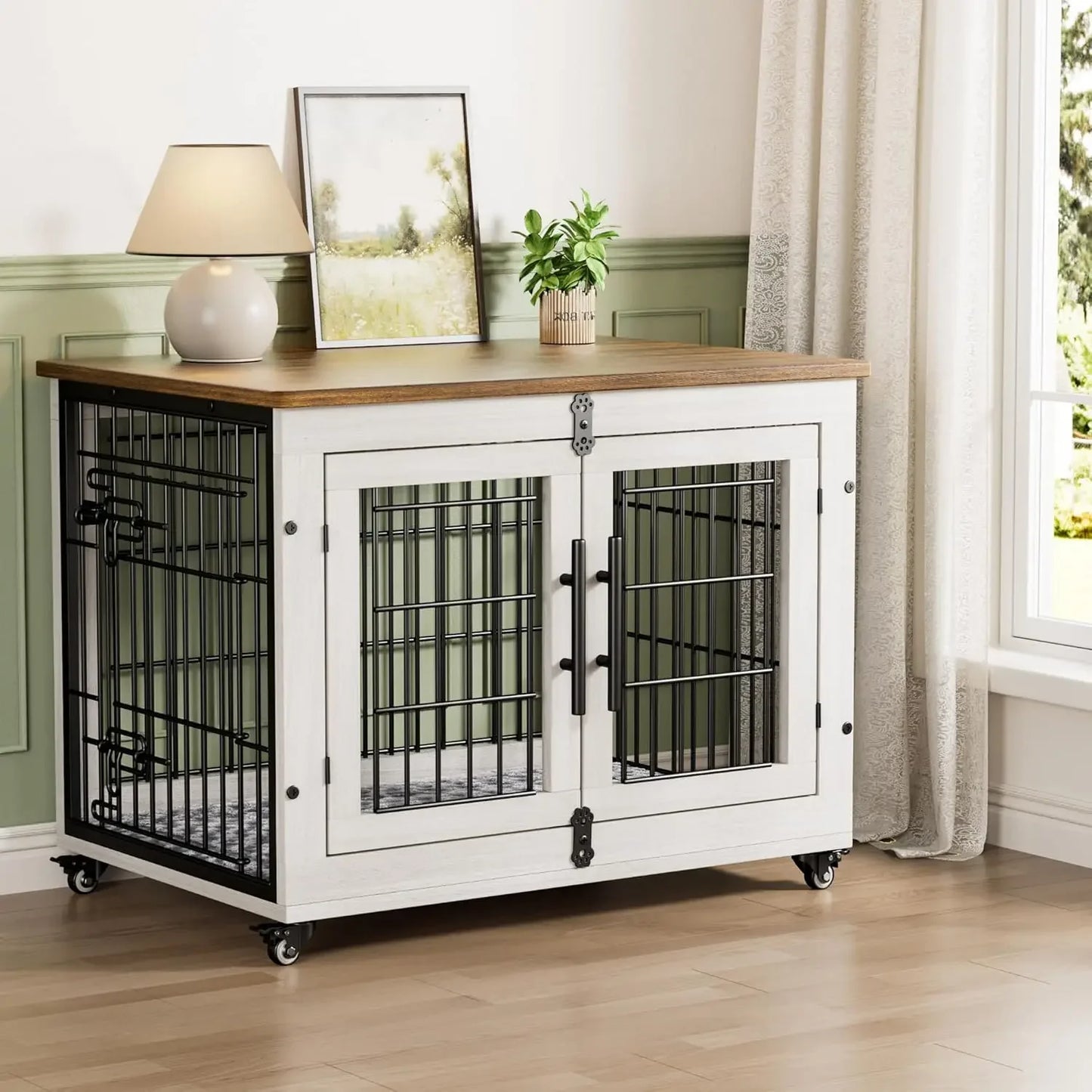 PEISI Wooden Dog Crate Furniture With Cushion And Wheels