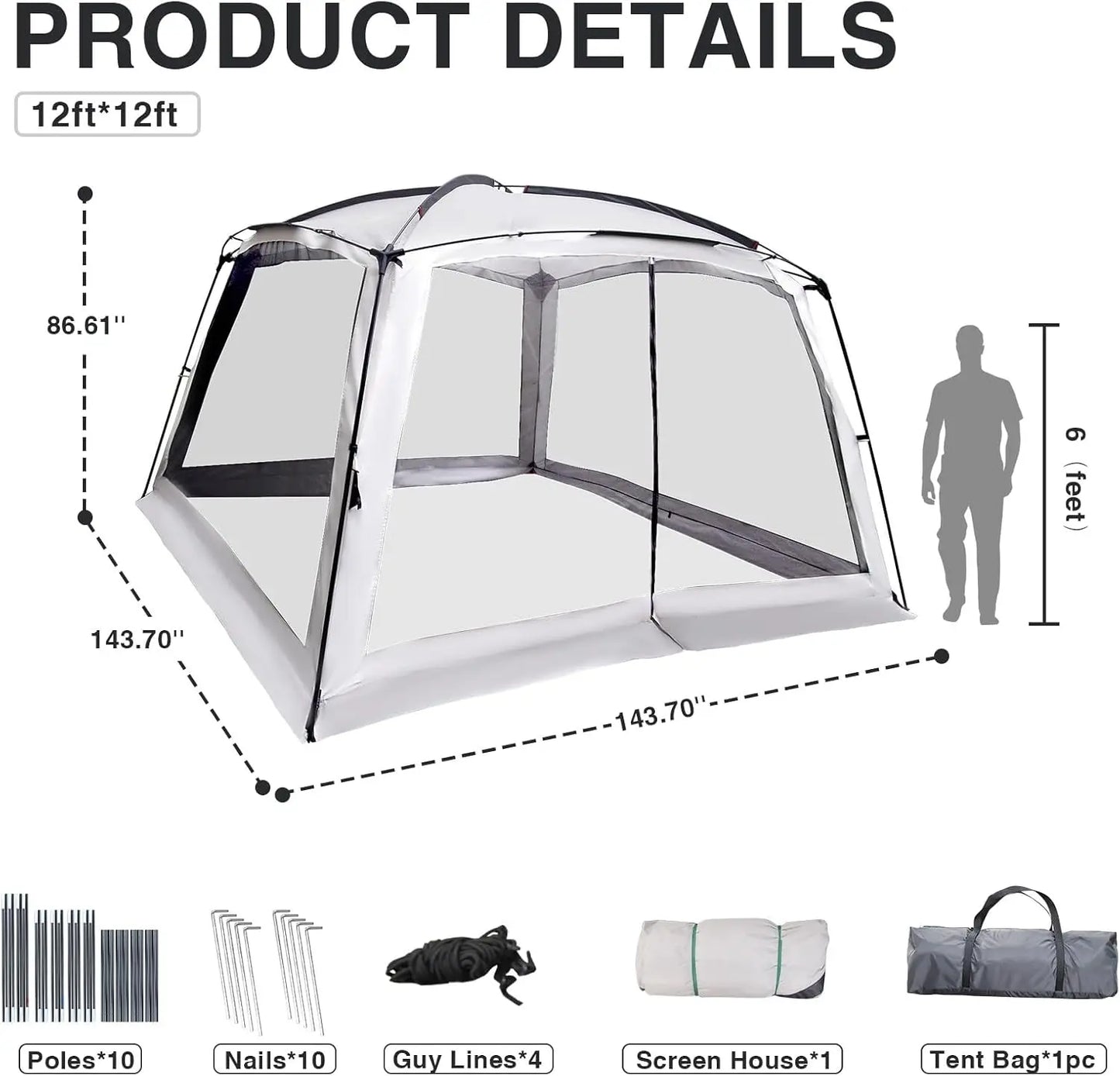 12' X 12' Screen Tent for Camping Canopy Easy Set Up Camper Screen House Room Porch Screened Gazebo 8-10 Person