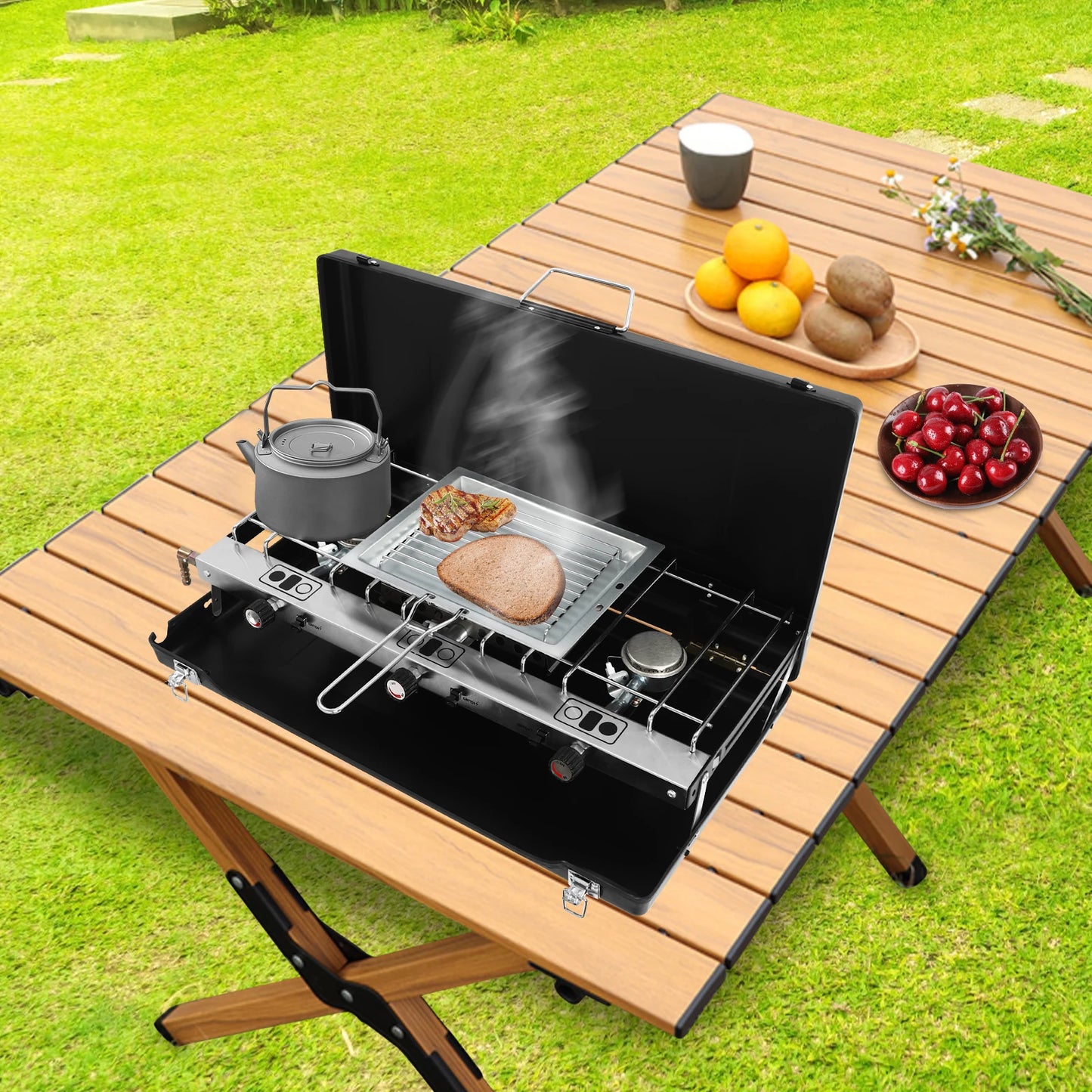 Portable Camping Stove With Griddle 3 Burners Propane