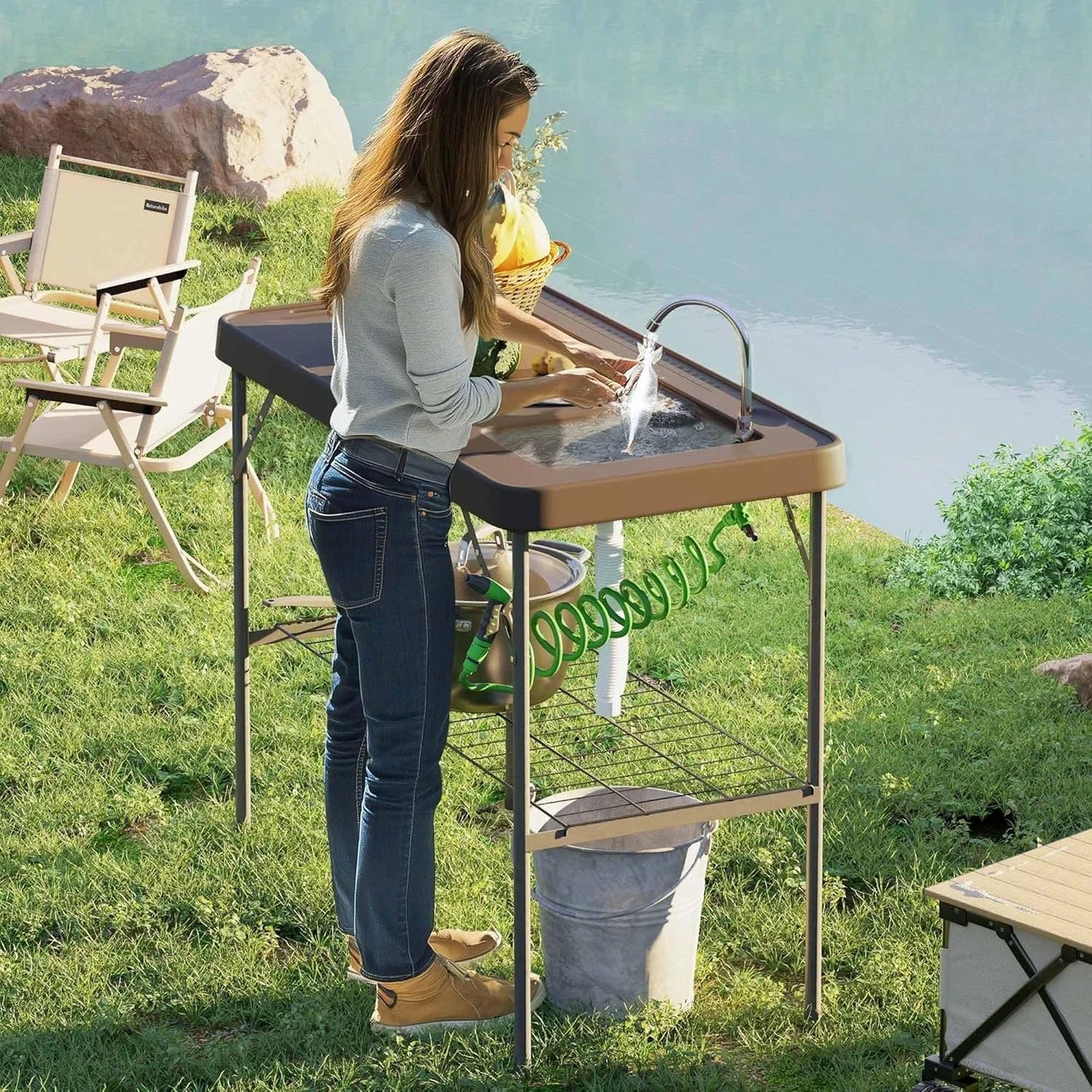 Folding Fish Cleaning Table with Sink,Portable Camping Sink Station with Faucet,Drainage Hose,Sprayer,Grid Rack and Knife Groove