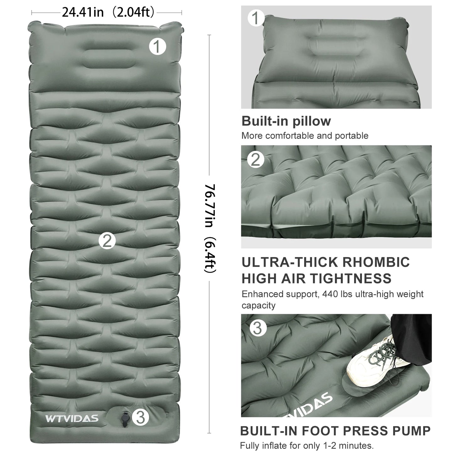 WTVIDAS Ultralight Camping Sleeping Pad With Built In Pump