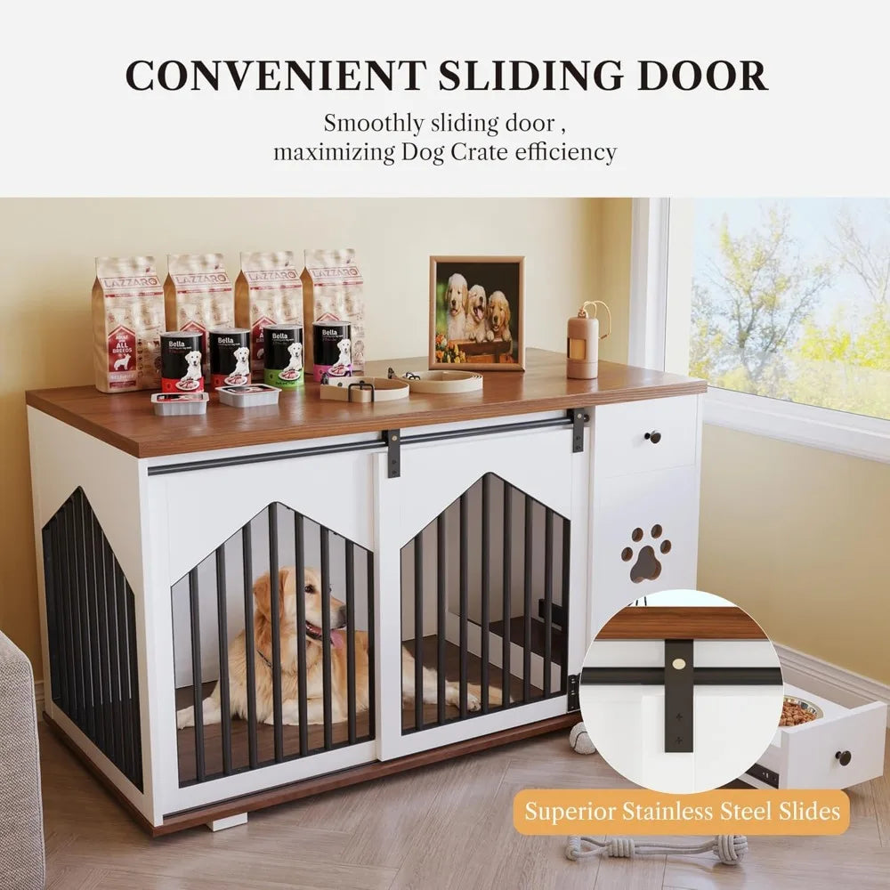 Hign Concerned Wooden Dog Crate Furniture With Feeder