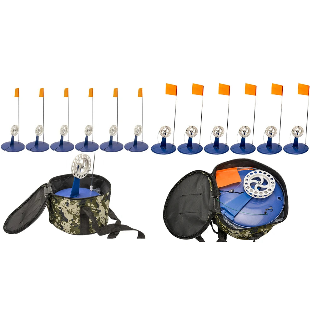 6pcs Ice Fishing Flag Convenient Braking System Tip Up Ice Fishing Pole Hands Free with Fishing Bag for Saltwater Freshwater