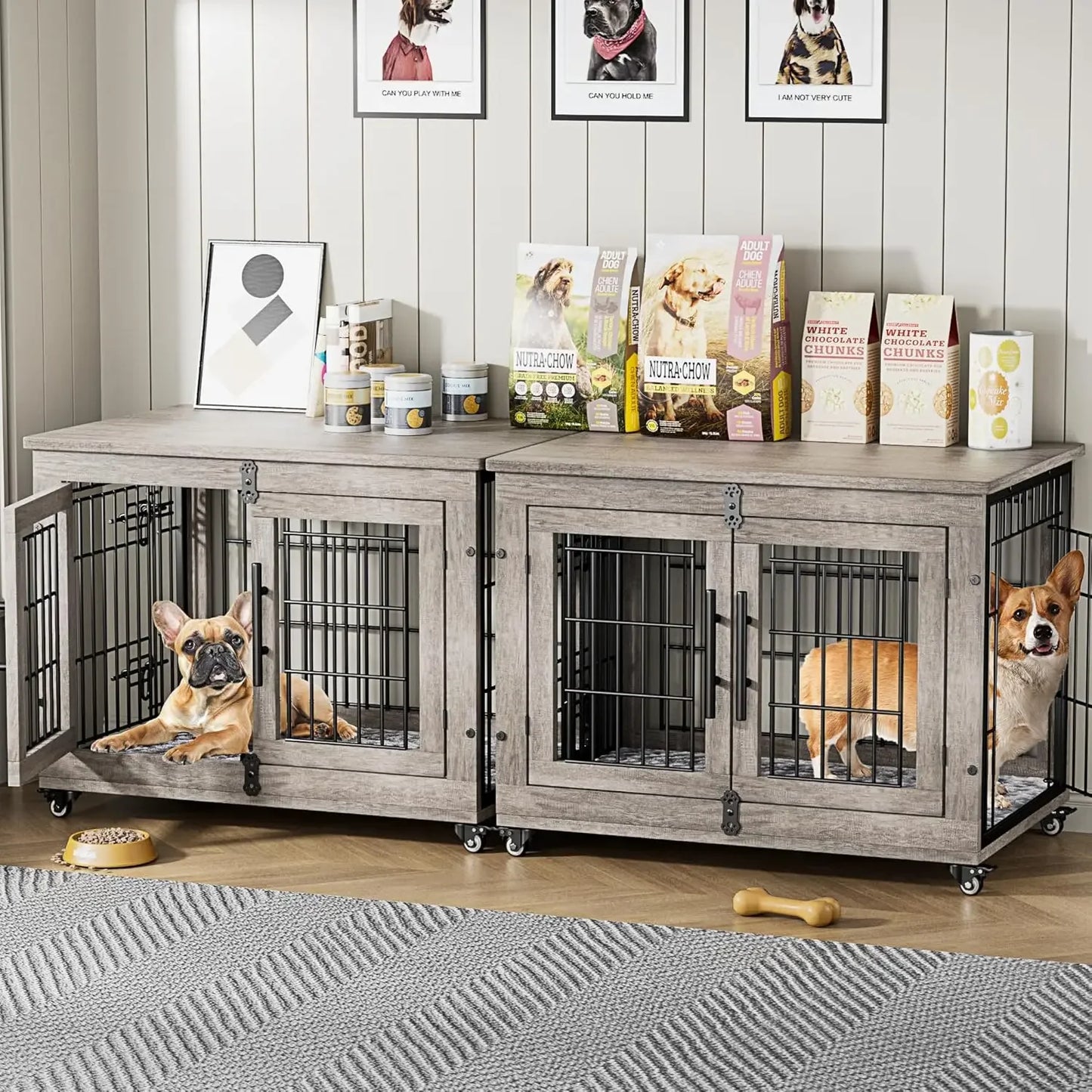 PEISI Wooden Dog Crate Furniture With Cushion And Wheels