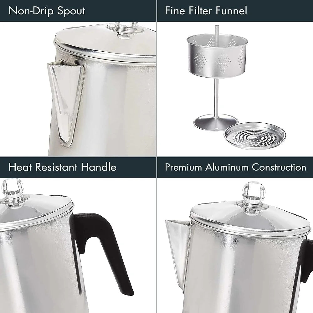 Durable Aluminum Stovetop Percolator Coffee Maker 9 Cup Easy Use Classic Design Ideal Home Camping Travel