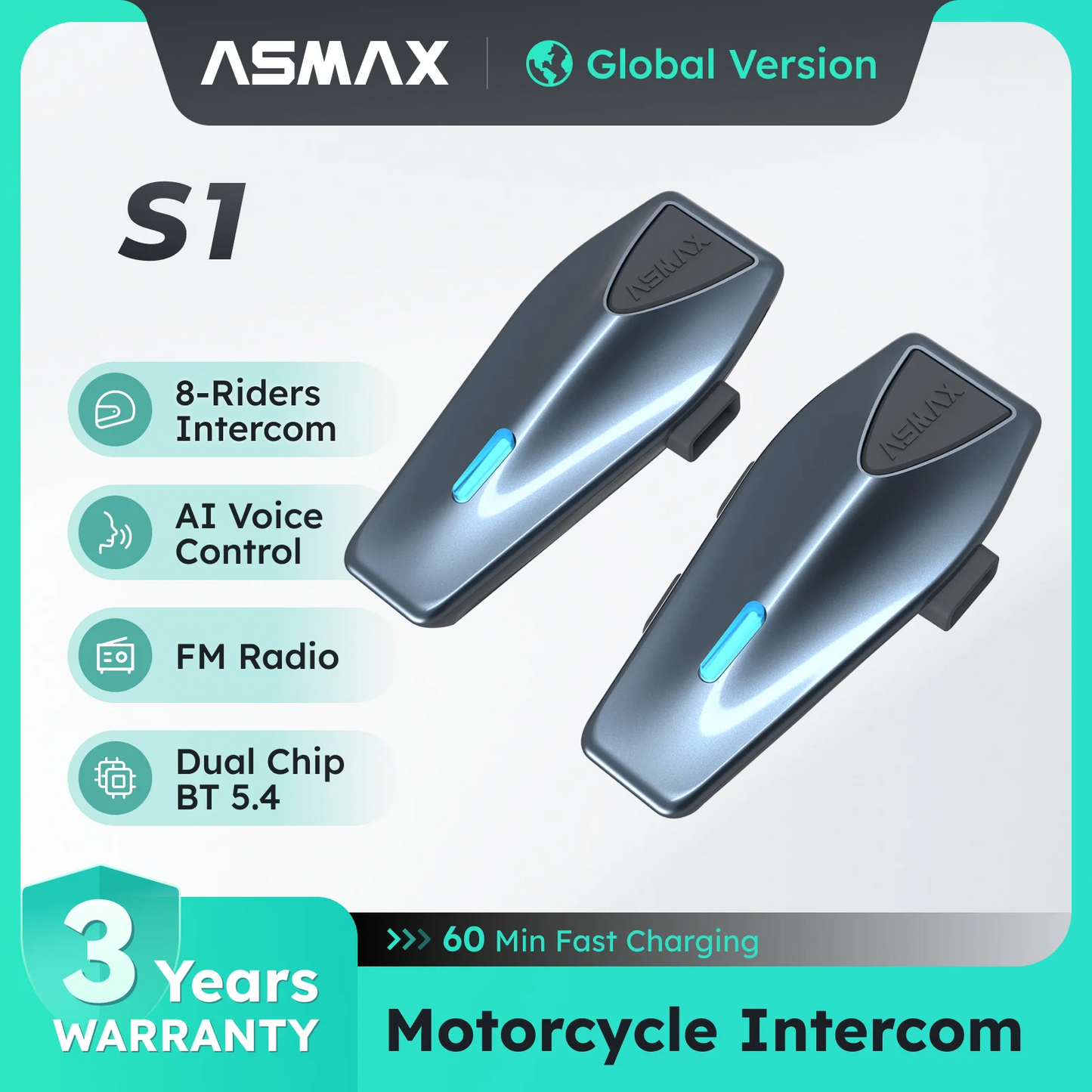 ASMAX S1 Bluetooth Intercom for Motorcycle and ATV