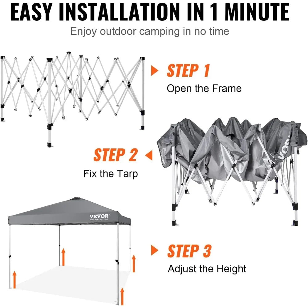 Pop Up Canopy Tent, 10 x 10 ft, 250 D PU Silver Coated Tarp, with Portable Roller Bag and 4 Sandbags, Waterproof and Sun Shelter