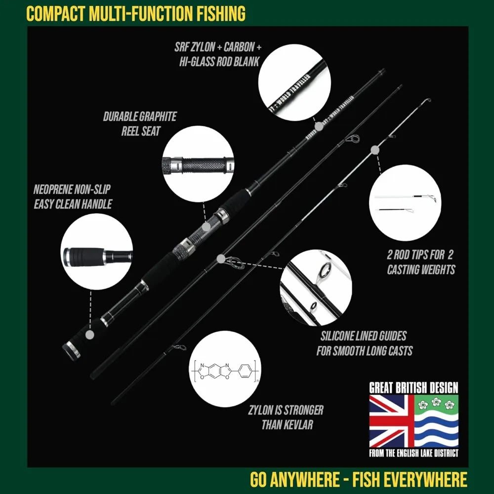Travel Fishing rod & Reel & Case collection. Compact 6 sections, 2 tips. Ultra-compact carrying size