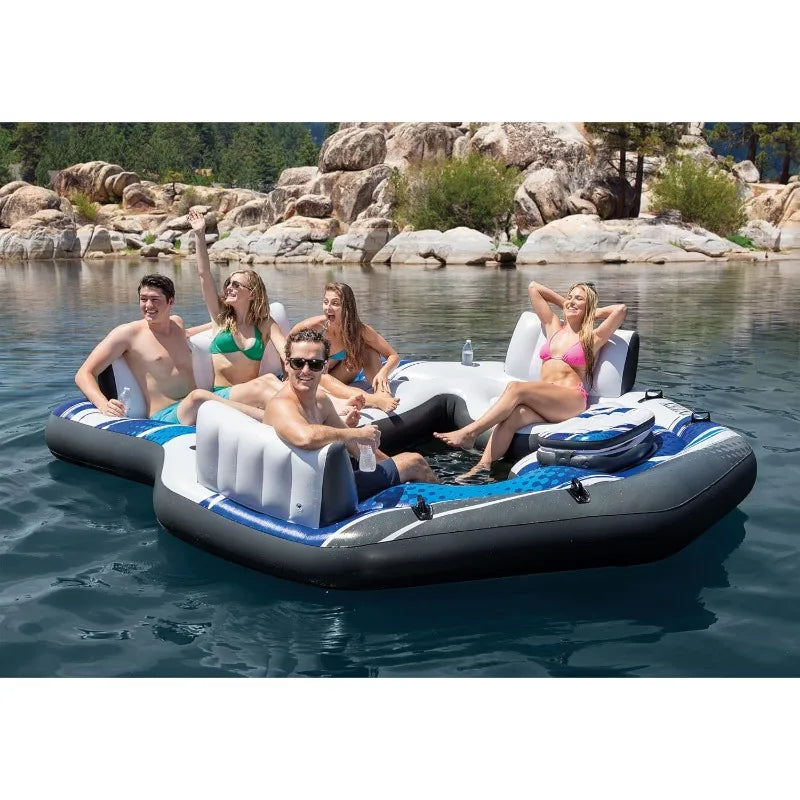 Intex Blue Tropic Inflatable 5 Person Raft or Swimming Pool Island Water Floating Lounger Raft with Backrests, Built in Cooler