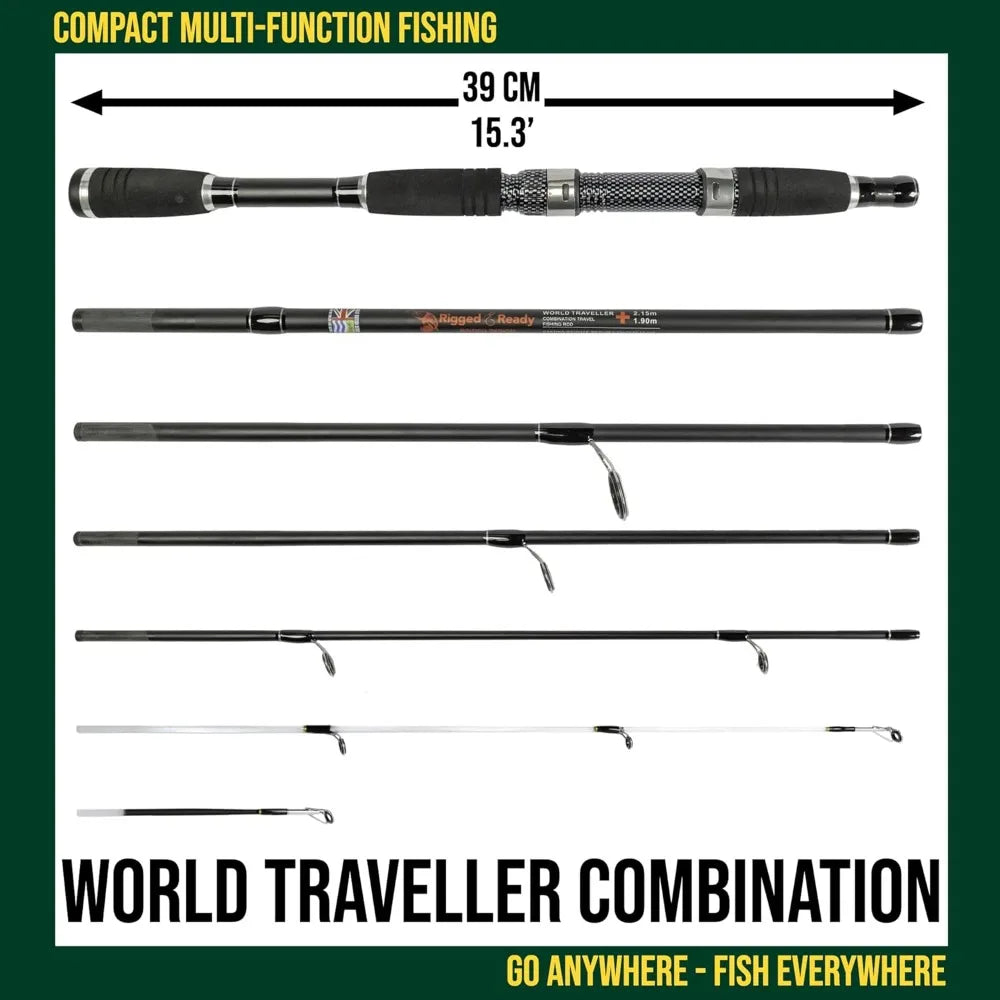 Travel Fishing rod & Reel & Case collection. Compact 6 sections, 2 tips. Ultra-compact carrying size