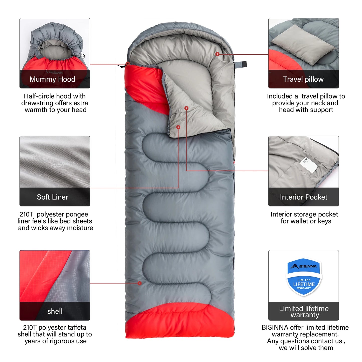Bisinna 4 Season Camping Sleeping Bag Pillow Waterproof