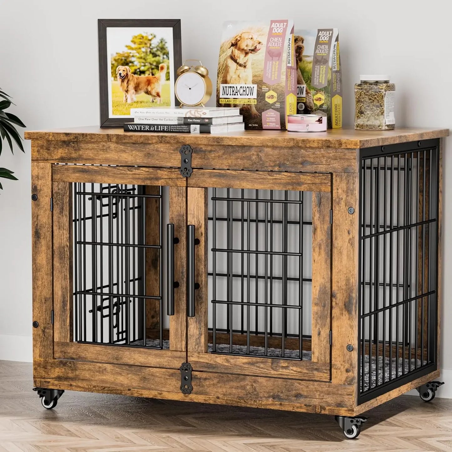 PEISI Wooden Dog Crate Furniture With Cushion And Wheels