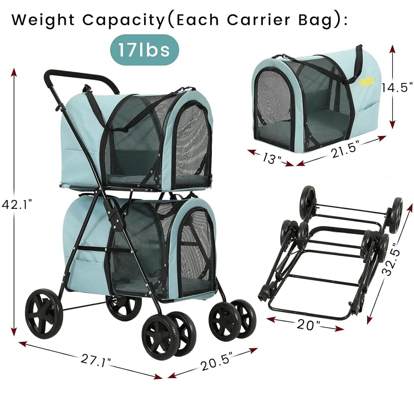 XMSJ 4-in-1 Double Pet Stroller with Detachable Carriers