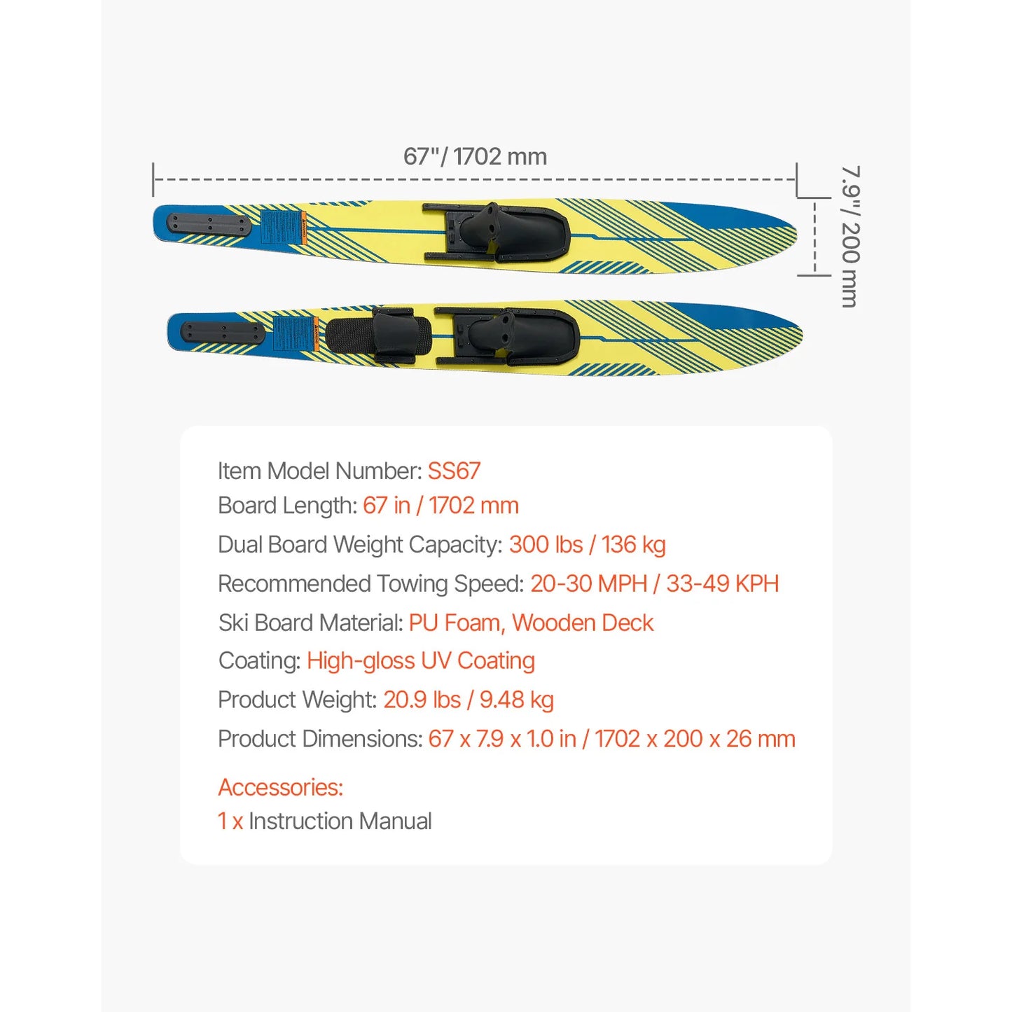 VEVOR Water Skis With Adjustable Horseshoe Bindings
