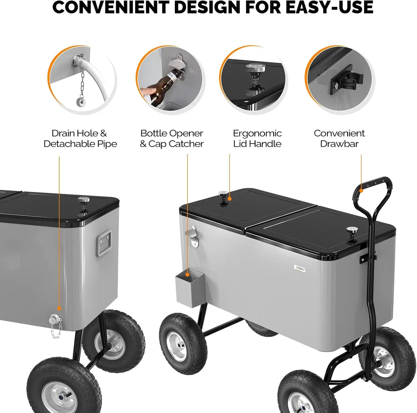 80 Quart Wagon Rolling Cooler Ice Chest, w/Long Handle and 10" Wheels, Portable Beach Patio Party Bar Cold Drink Beverage