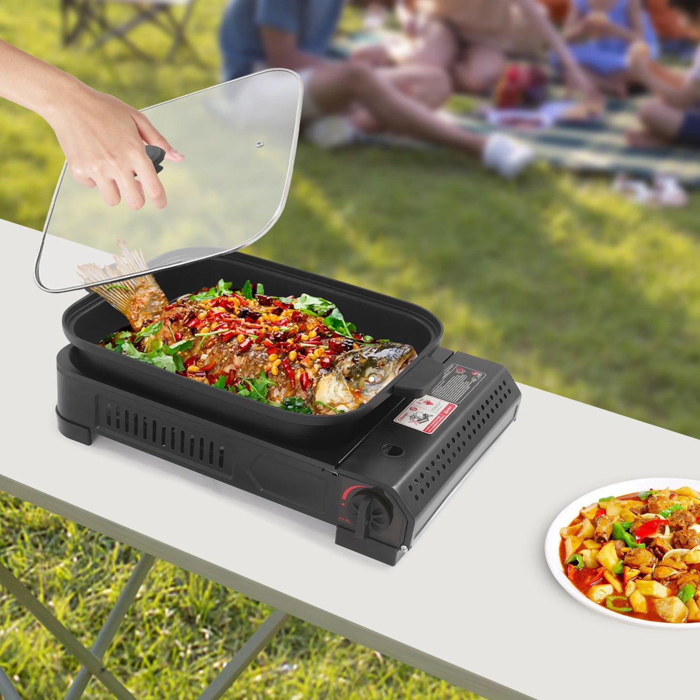 Portable Camping Butane Gas Grill Stove With Tray Lid