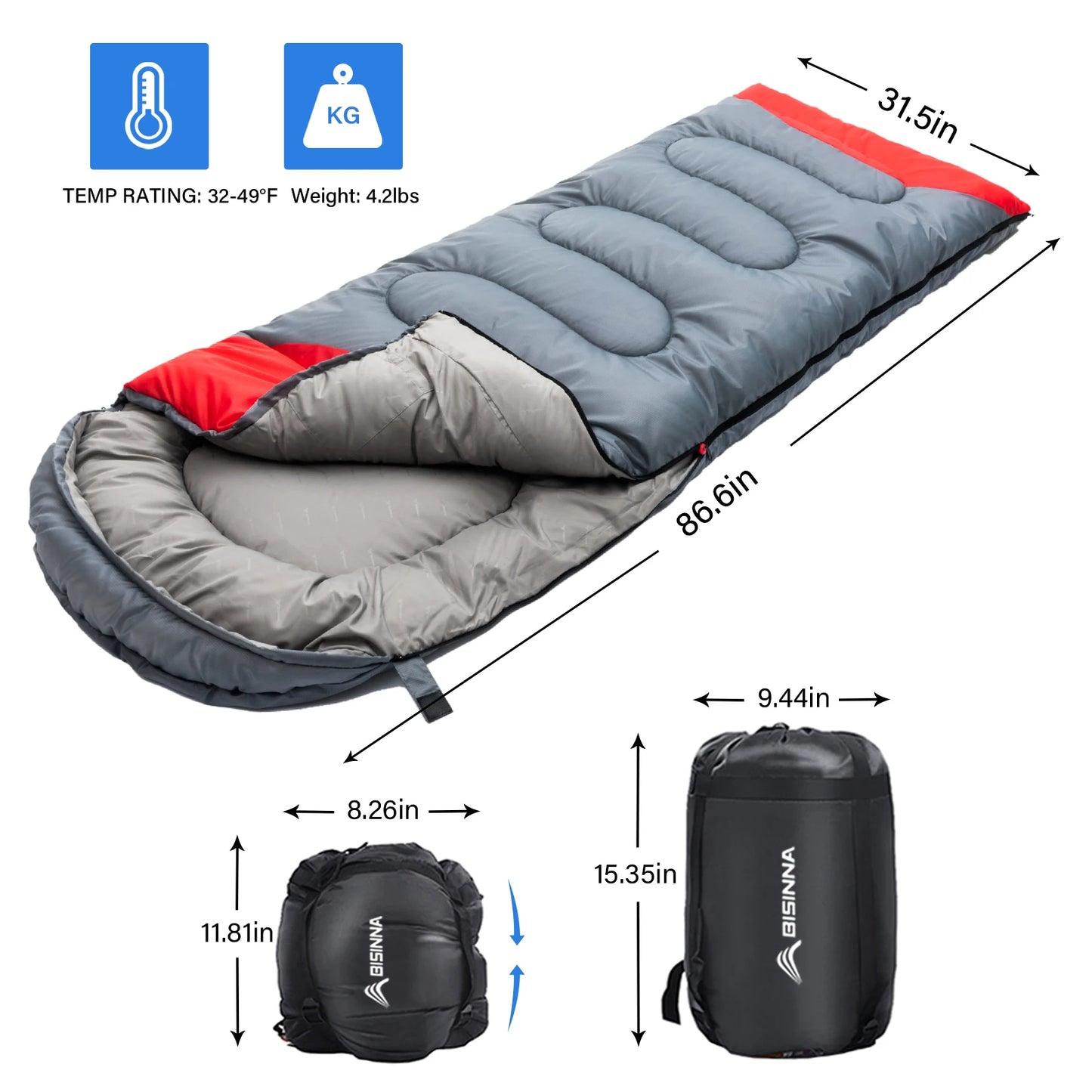 Bisinna 4 Season Camping Sleeping Bag Pillow Waterproof