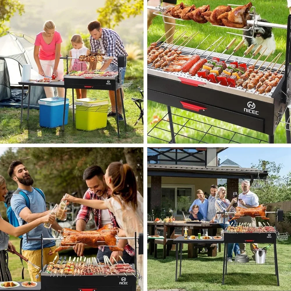 Portable Charcoal Grill with Rotisserie and Detachable Table