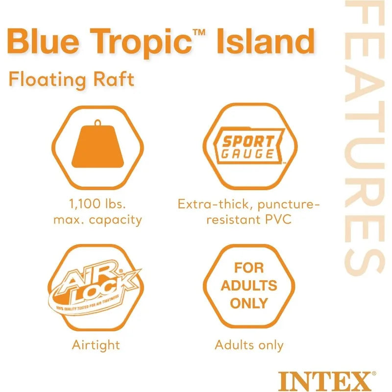 Intex Blue Tropic Inflatable 5 Person Raft or Swimming Pool Island Water Floating Lounger Raft with Backrests, Built in Cooler