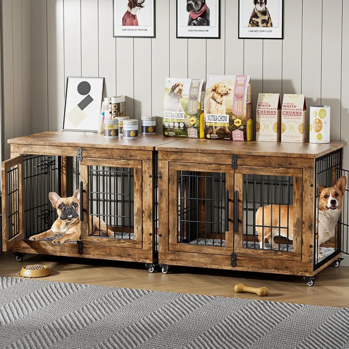 PEISI Wooden Dog Crate Furniture With Cushion And Wheels