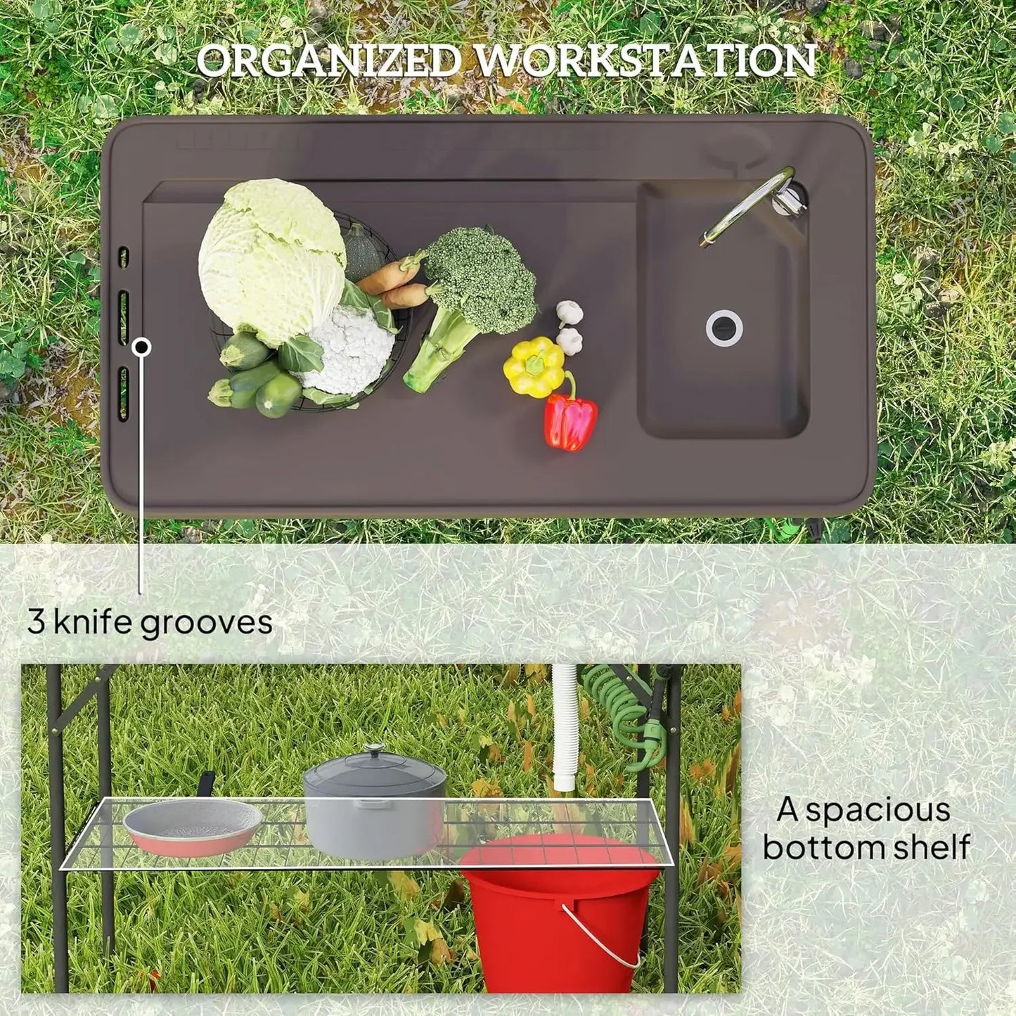 Folding Fish Cleaning Table with Sink,Portable Camping Sink Station with Faucet,Drainage Hose,Sprayer,Grid Rack and Knife Groove