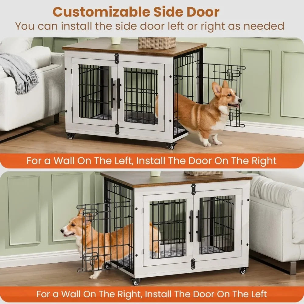 PEISI Wooden Dog Crate Furniture With Cushion And Wheels