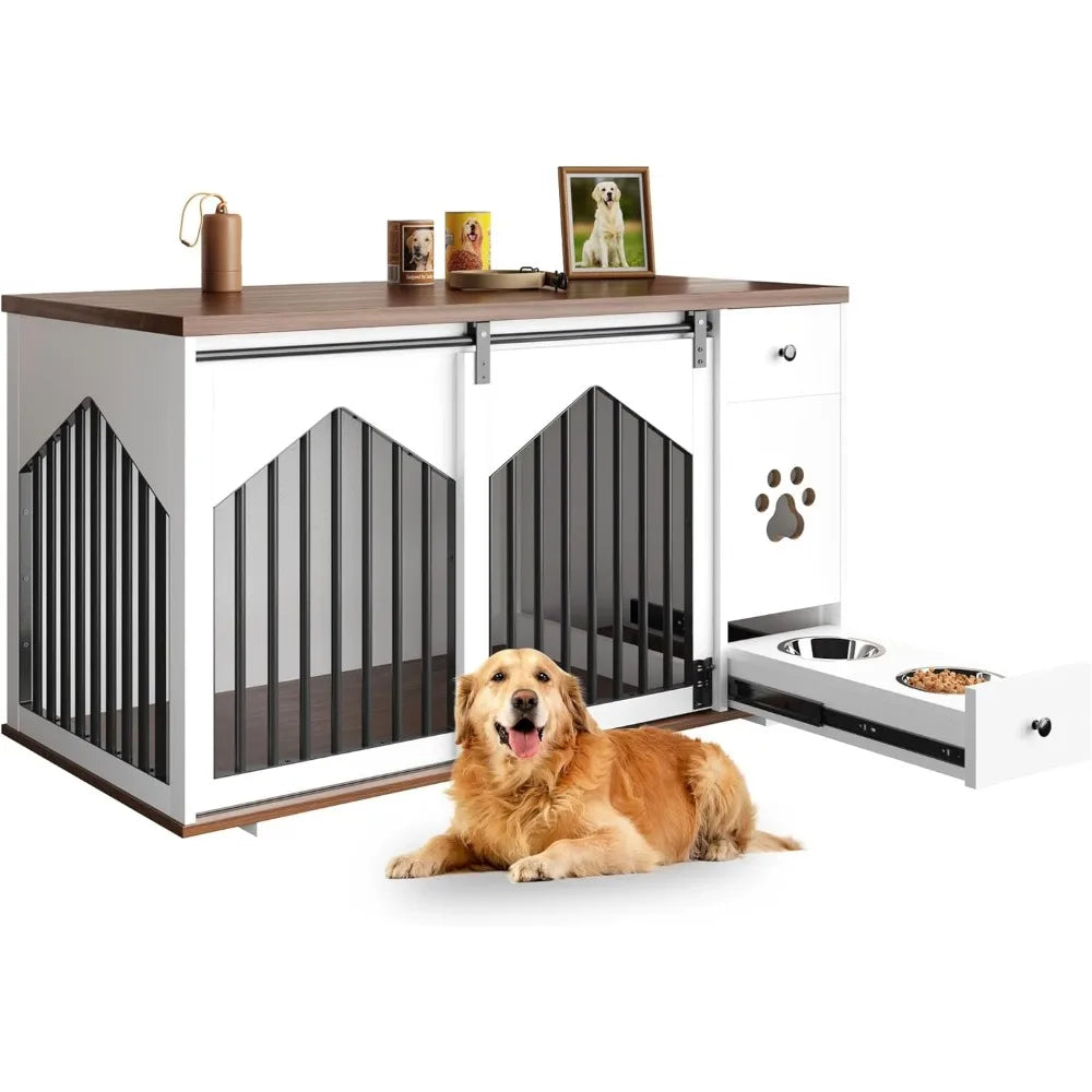 Hign Concerned Wooden Dog Crate Furniture With Feeder