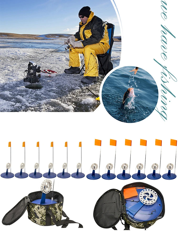 6pcs Ice Fishing Flag Convenient Braking System Tip Up Ice Fishing Pole Hands Free with Fishing Bag for Saltwater Freshwater