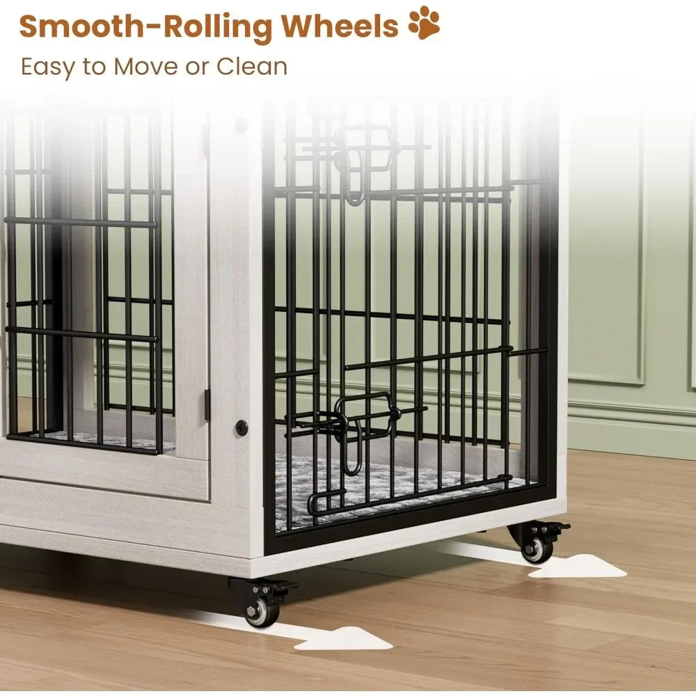 PEISI Wooden Dog Crate Furniture With Cushion And Wheels