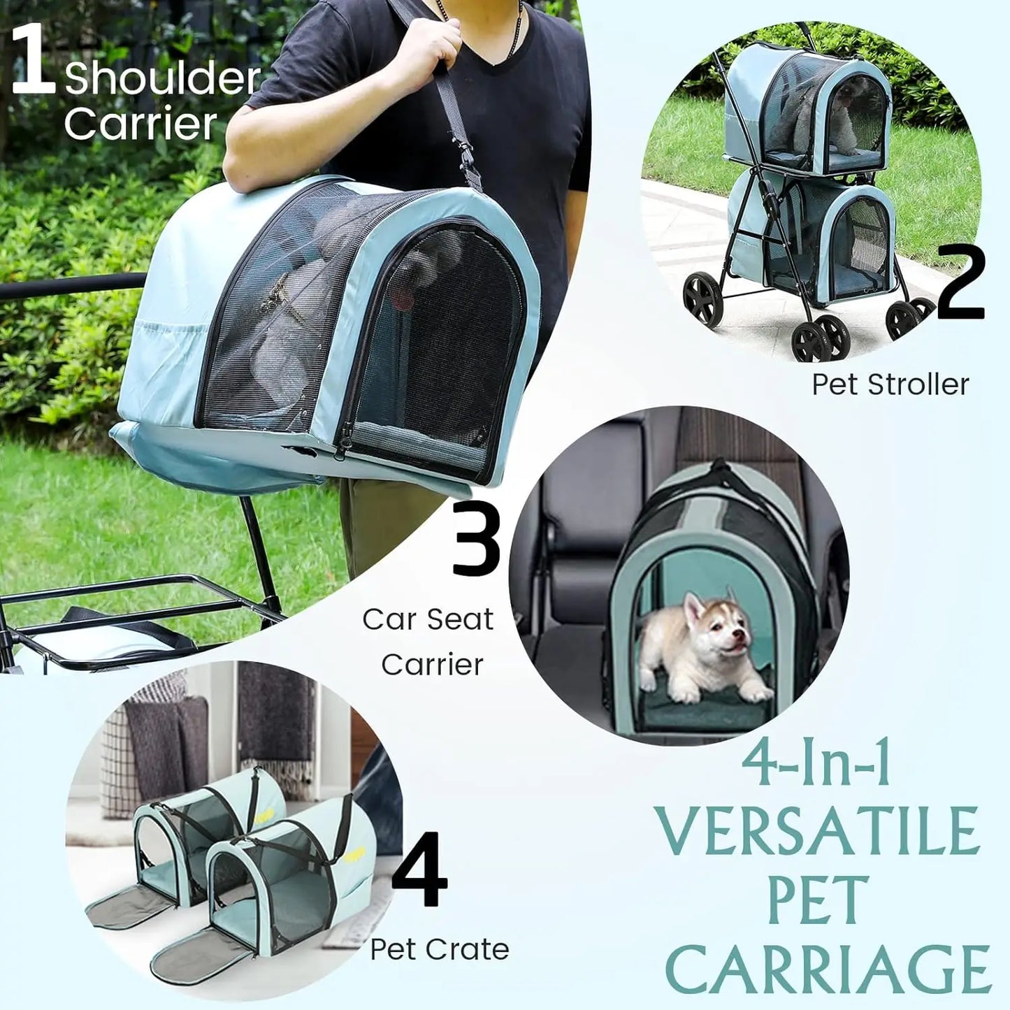 XMSJ 4-in-1 Double Pet Stroller with Detachable Carriers
