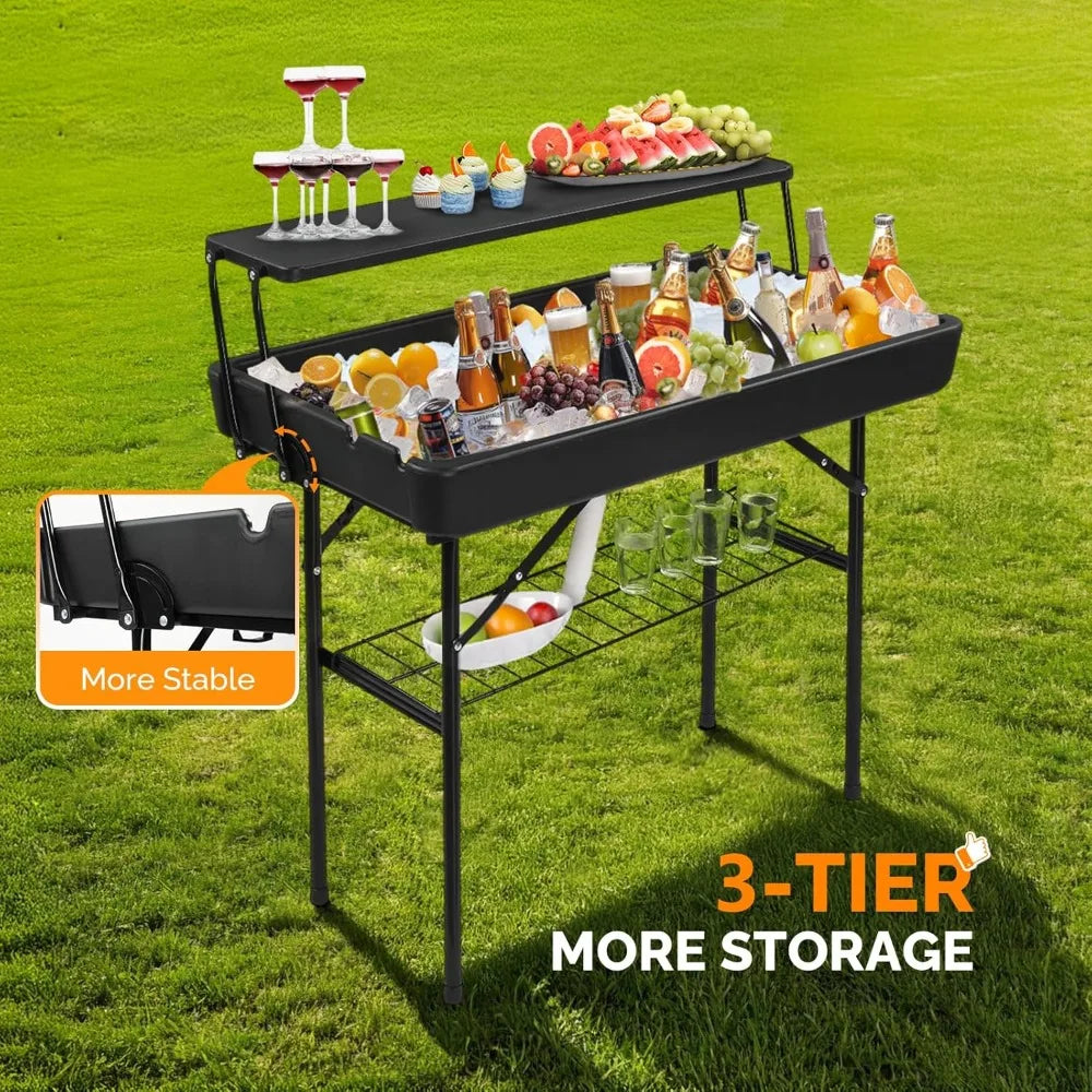 Portable Cooler Table with Extra Storage Shelf, Alloy Steel, Black, Picetable Model