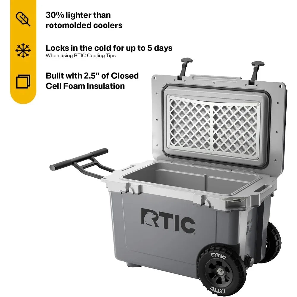 52 Quart Ultra-Light Wheeled Hard Cooler Insulated Portable Ice Chest Box for Beach, Drink, Beverage, Camping, Picnic, Fishing,