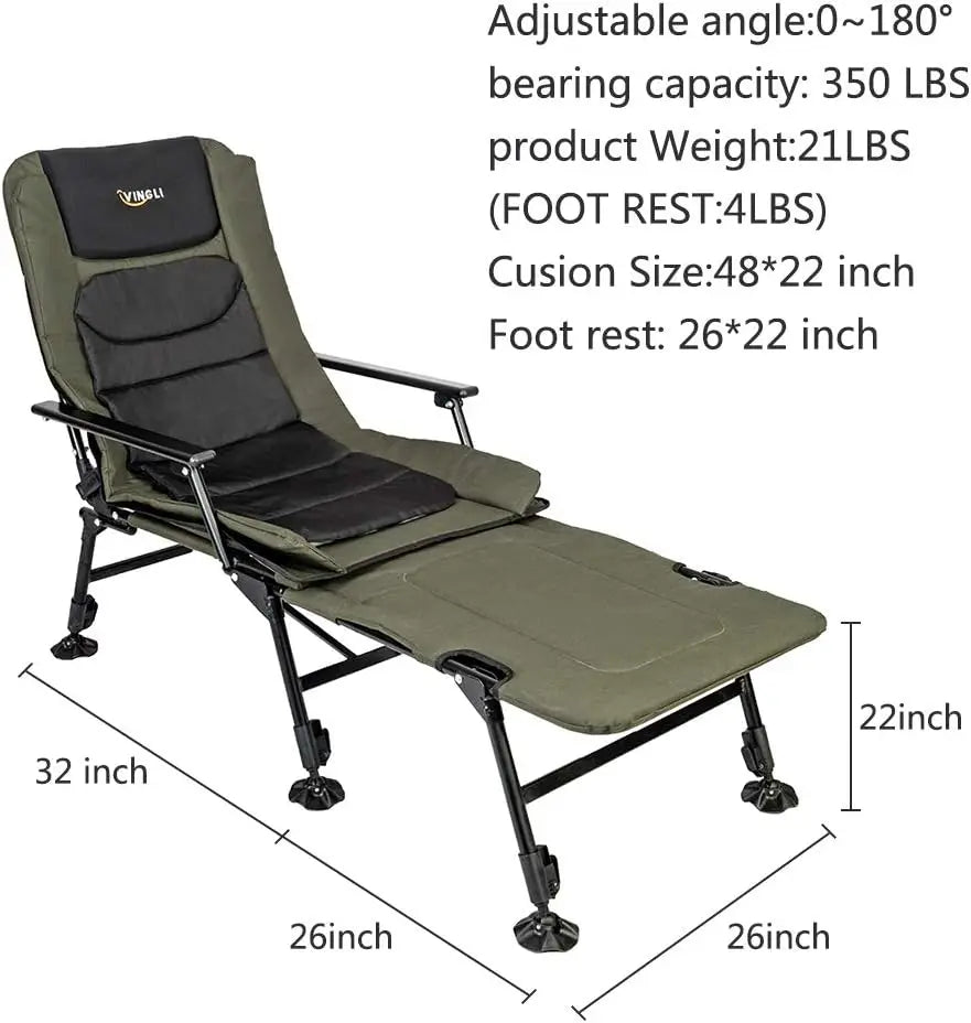 Heavy Duty Fishing Chair with Footrest Support 440 LBS, Oversized Camping Chairs with 160° Adjustable High Back, Beach Chair