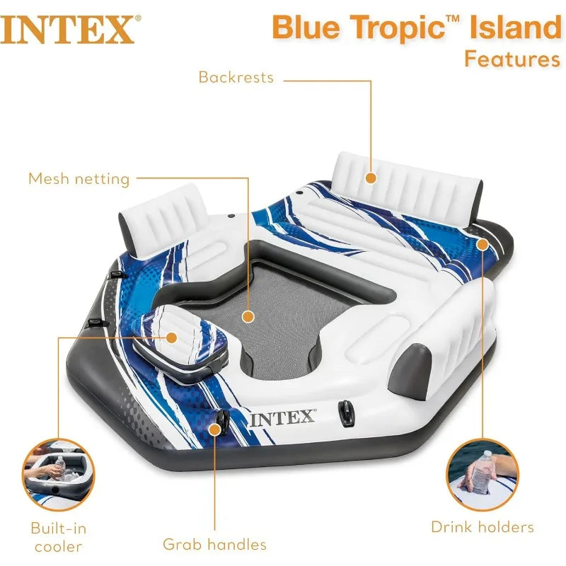 Intex Blue Tropic Inflatable 5 Person Raft or Swimming Pool Island Water Floating Lounger Raft with Backrests, Built in Cooler