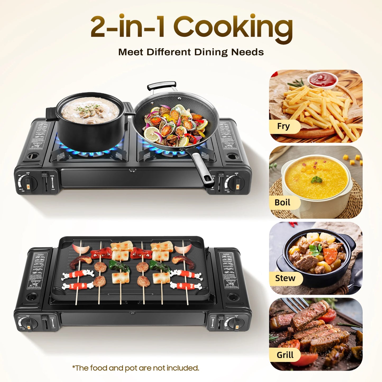 2in1 2-Burner Portable Camping Stove, Butane Camping Stove Kit w/Baking Pan and Carrying Case, Auto Ignition Camping Burner LPG
