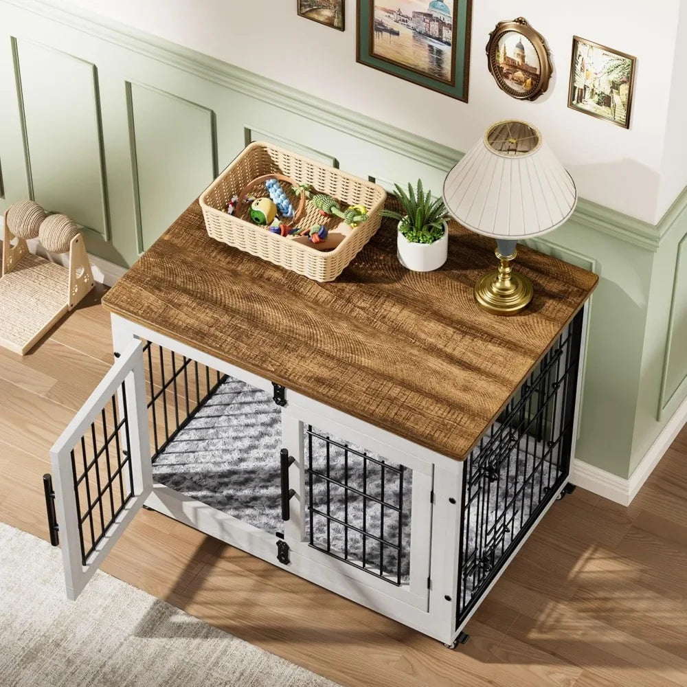PEISI Wooden Dog Crate Furniture With Cushion And Wheels