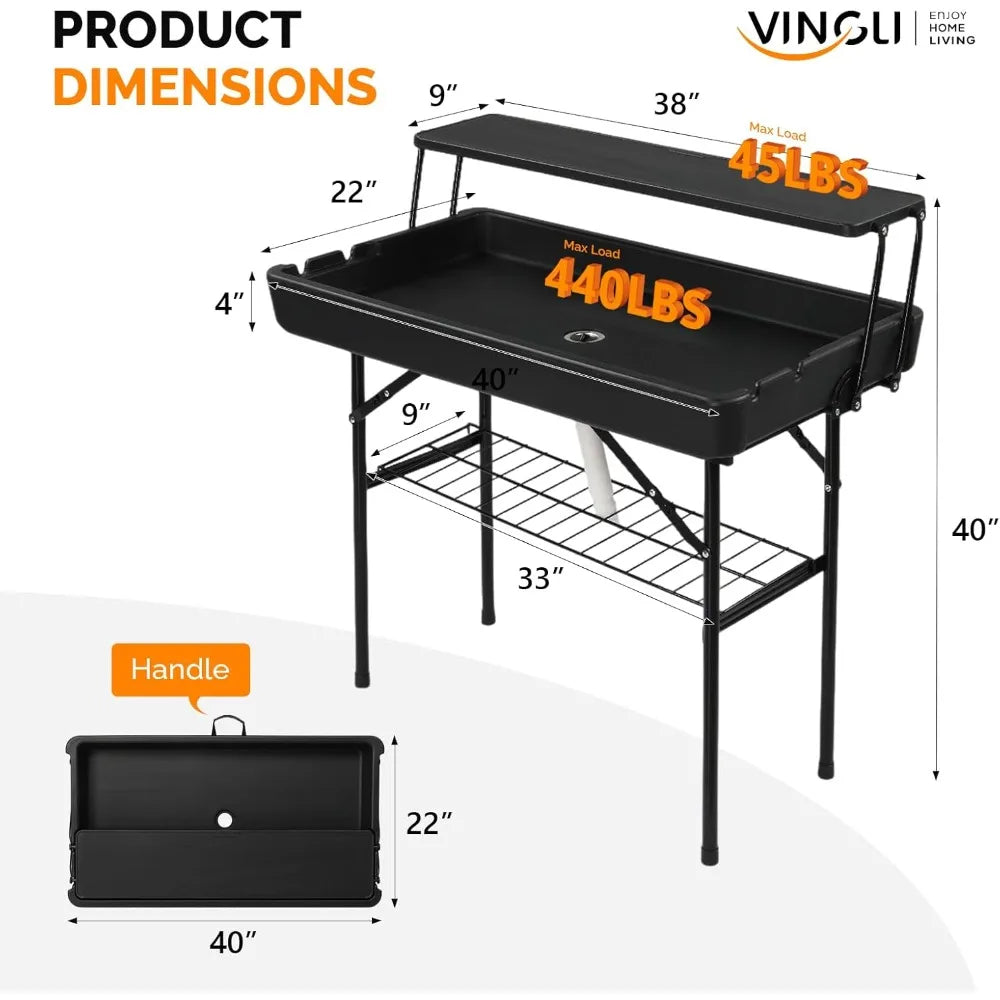 Portable Cooler Table with Extra Storage Shelf, Alloy Steel, Black, Picetable Model
