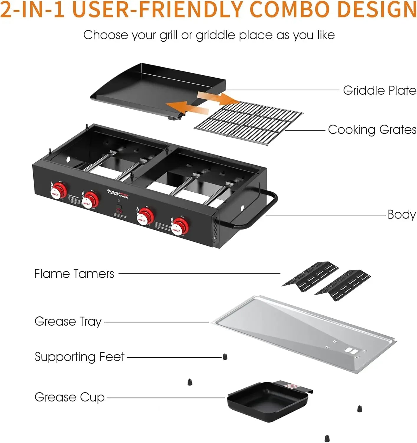 GD4002T 4-Burner Tailgater Grill & Griddle Combo, Portable Propane Gas Grill and Griddle, 2-in-1 Combo Design for Backyard
