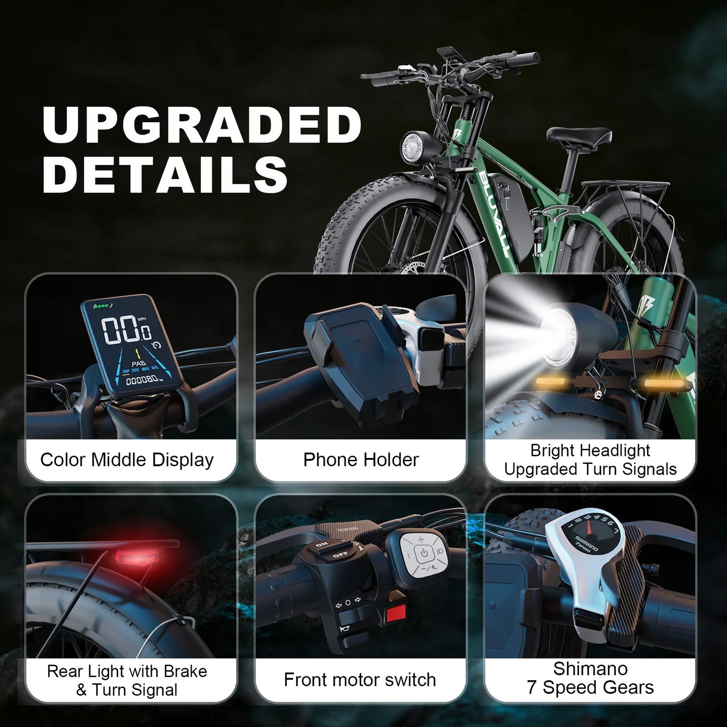 52V 2000W Dual Motor Fat Tire Electric Bicycle 26x4.0 Snow Beach Bike 8 Speed Full Suspension 35MPH Long Range Adults Commuter