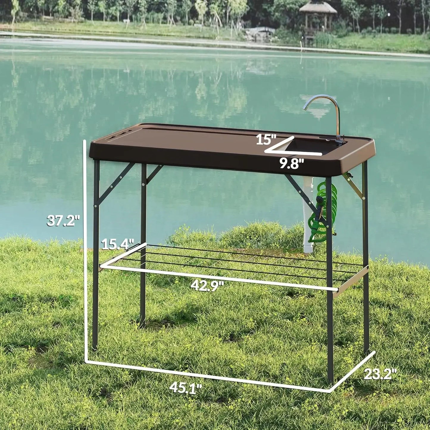 Folding Fish Cleaning Table with Sink,Portable Camping Sink Station with Faucet,Drainage Hose,Sprayer,Grid Rack and Knife Groove