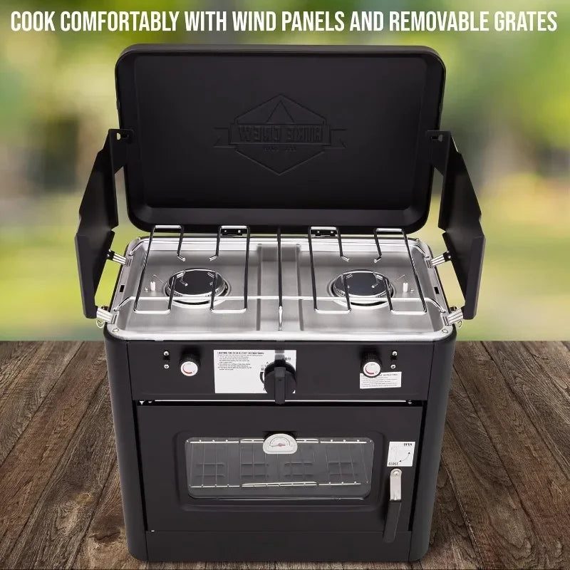 Gas Camping Oven w/Carry Bag | CSA Approved Portable Propane-Powered 2-Burner Stove & Auto Ignition, Overheat Safety Shutoff
