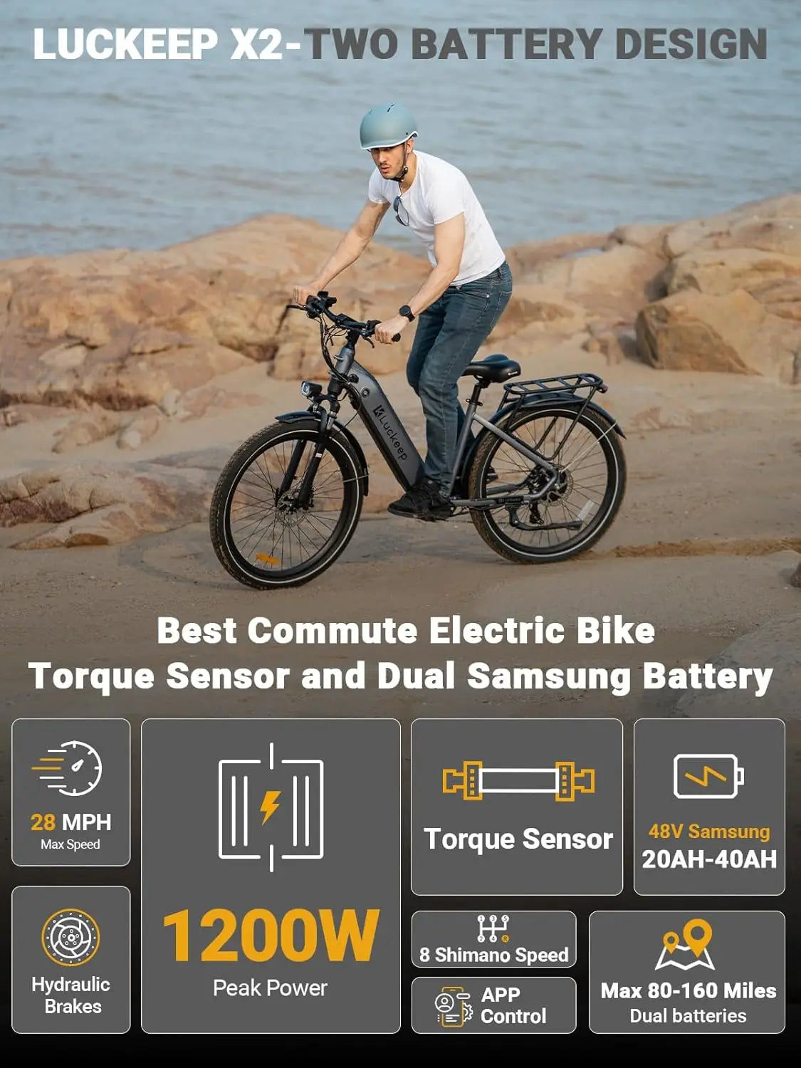 Luckeep X2 [Torque Sensor] Electric Bike for Adults 1200W Peak,28MPH 80Miles,20AH, 26'' *3.0'' Step-Thru Ebikes Hydraulic Brake